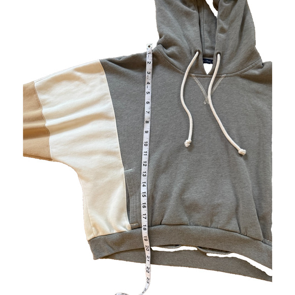 Abercrombie & Fitch Color Block Hoodie Sweatshirt Soft A&F Neutral Grey Tan Crop - Picture 5 of 6